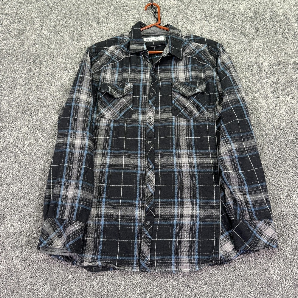 BKE Shirt Mens XL Black Blue Plaid Flannel Long Sleeve Snap Western Pockets
